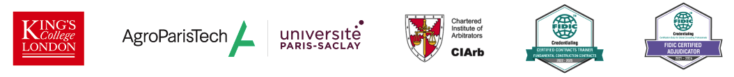 Qualifications et certifications : King's College London, AgroParisTehc, Université Paris-Saclay, CIArb, Certified FIDIC Contracts
